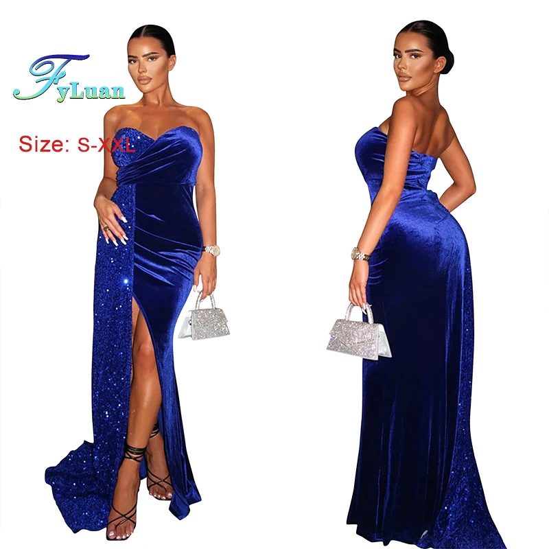 우아한 반짝 이는 여성 Bodycon 긴 드레스 섹시한 백 레이스 하이 웨이스트 스팽글 스플 라이스 Strapless 벨벳 인어 패키지 힙 스커트