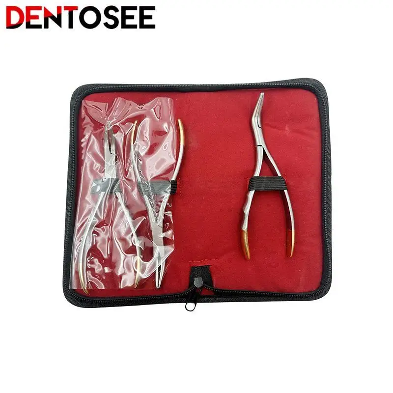 Dental Residual Root Tweezers Tooth Extraction Forceps Curved Maxillary Mandibular Teeth Universal Pliers with Leather Bag