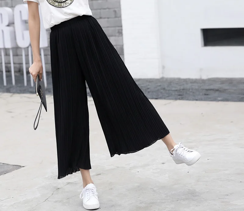 2023 Women Ladies Pleated Wide Leg Pants Summer Casual Loose Solid Chiffon Trousers Stretch Waist Boho Pants OL Pantalon Capris