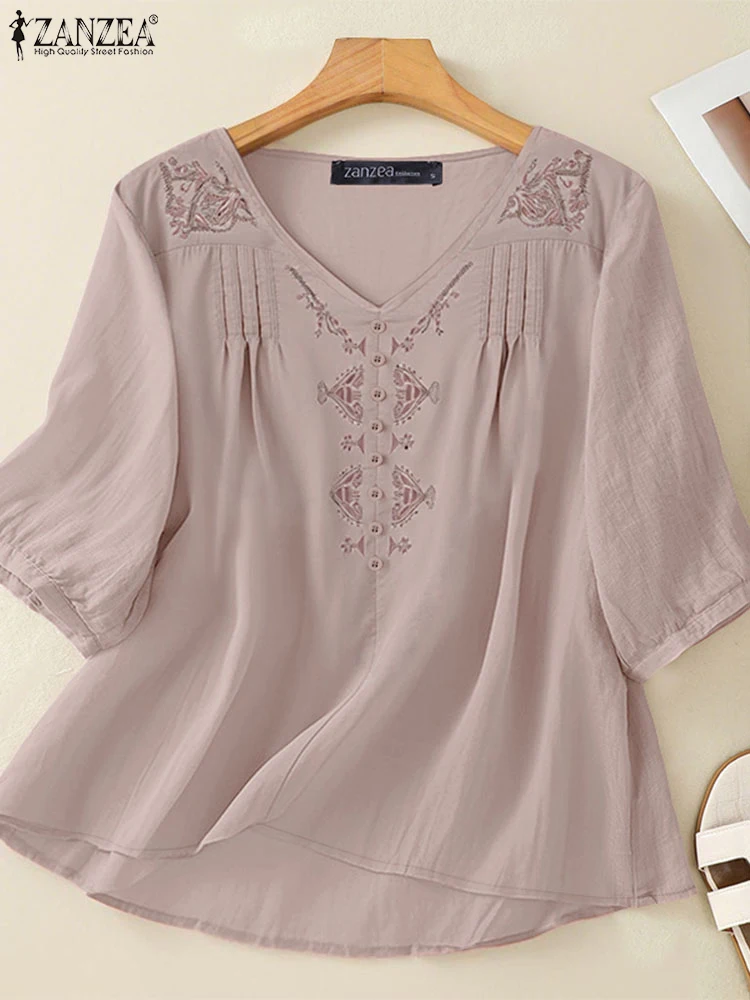 

ZANZEA Casual V-Neck Blouses Women Day Wear Half Puff Sleeve Floral Embroidery Tunic Tops Pintuck Vintage Summer Blusas Mujer