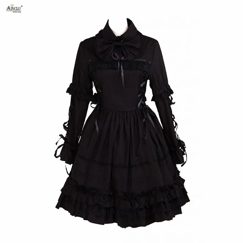 

Ainclu Lolita Dress Gothic Style Womens Black Cotton Gothic Long Sleeves Court Lolita Dress XS-XXL Female Party Spring/Autumn