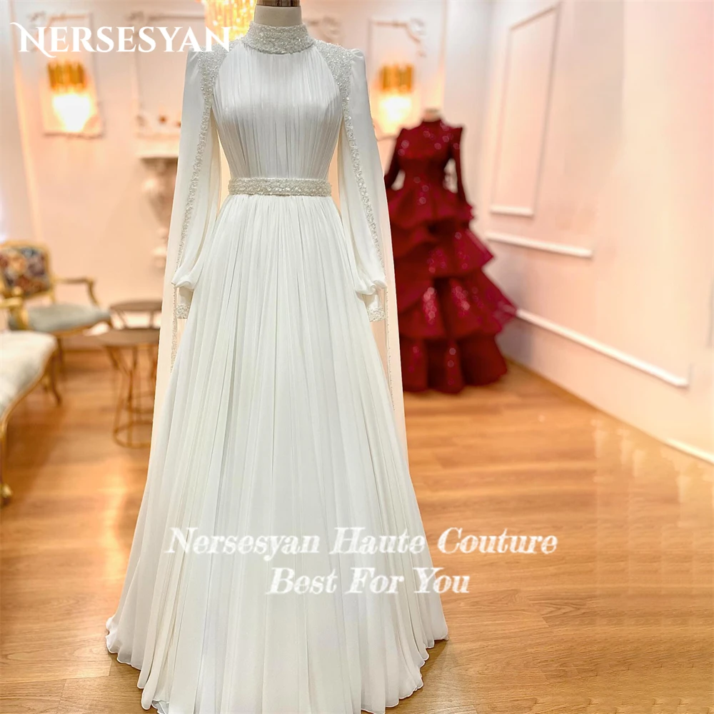 Nersesyan Glitter Muslim Lace Wedding Dresses Sparkly High Neck A-Line Sequins Bridal Gowns Cap Sleeves Beading Bride Dress 2024