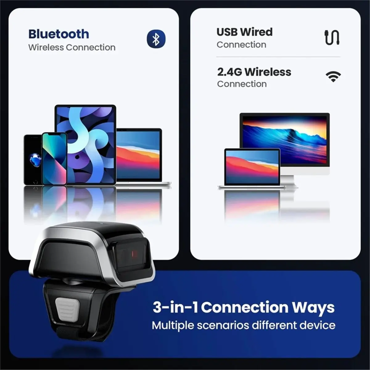 618 Mega Sale 2D Barcode Mini Wearable Wireless Finger QR Bar Code Scanner Reader Inventory Compatible for IPad IPhone Android