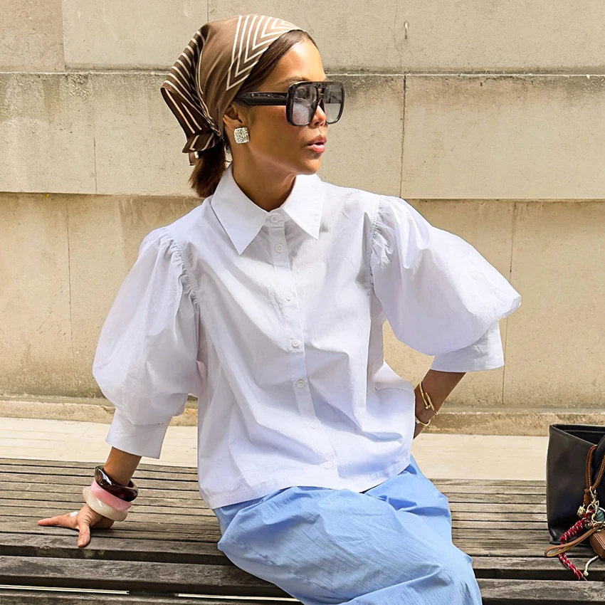 

Linad Street Chic White Turn Down Collar Shirts Female Casual Single Breasted Blouse Woman Elegant Puff Sleeve Ladies Tops 2026