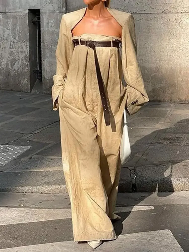 Jennifer Macacão feminino de 2 peças com botões, mangas compridas, sem gola, top + conjunto de macacões com cinto de perna larga