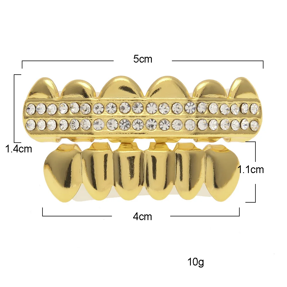 1 Set Hip Hop Teeth Grillz Gold Plated Dental Grills Rock Tooth Grillz Caps Crystal Teeth Caps Halloween Vampire Tooth Gift