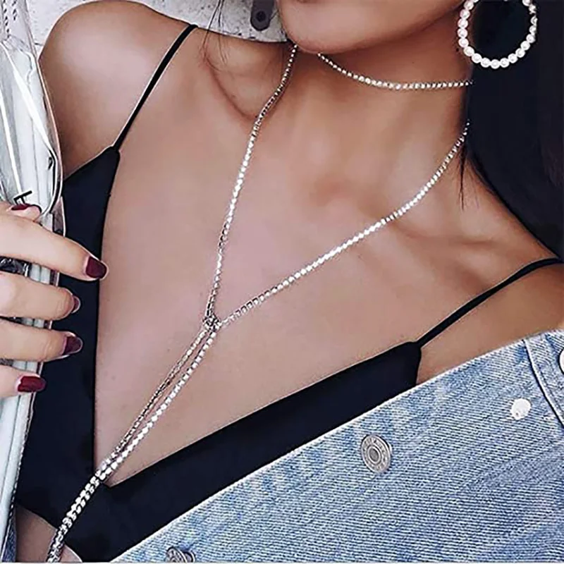 Rhinestone Body Chain Long Choker Necklace Sexy Layered Crystal Free Adjustment Thin Link Party Necklace Jewelry for Women Girls