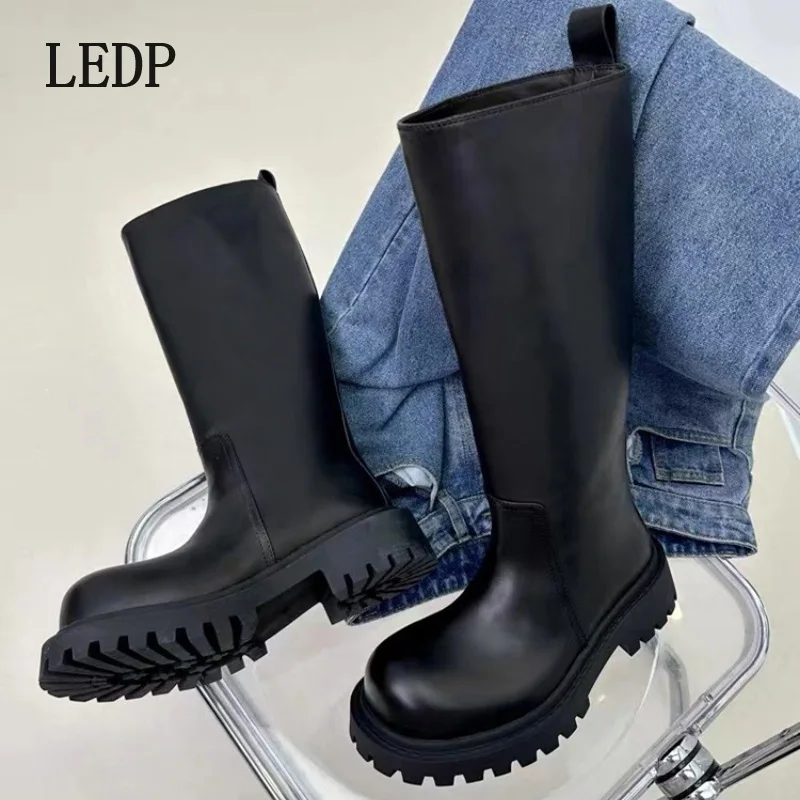 

LEDP Brand Big Head Wide Tube High Knight Boots Women's Thick Soles Slimming and Increasing Large Tube Circumference Knee Boots