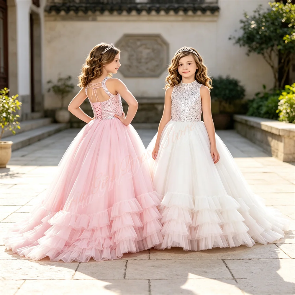Sparkling High-quality Mesh Girls' Dress Fluffy with Tie-back Train Suitable for Weddings First Birthday Party Custom Dresses