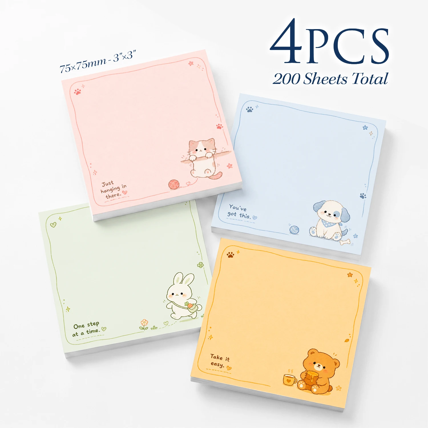 4pcs Cute Animal Sticky Notes, Self Stick Memo Pads, Kawaii Motivational Notepads, Aesthetic Desk Stationery, Removable Adhesive