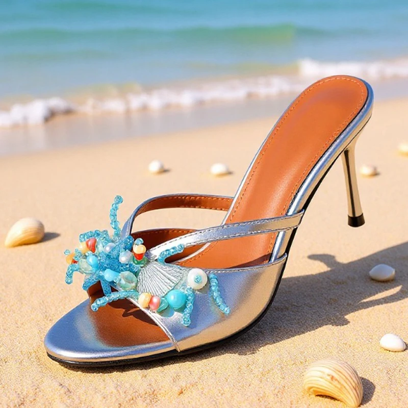 

Liyke Vacation Style Beach Slippers Women Fashion Starfish Shells Coral Open Toe Thin High Heels Mules Slides Shoes Gold Sandals