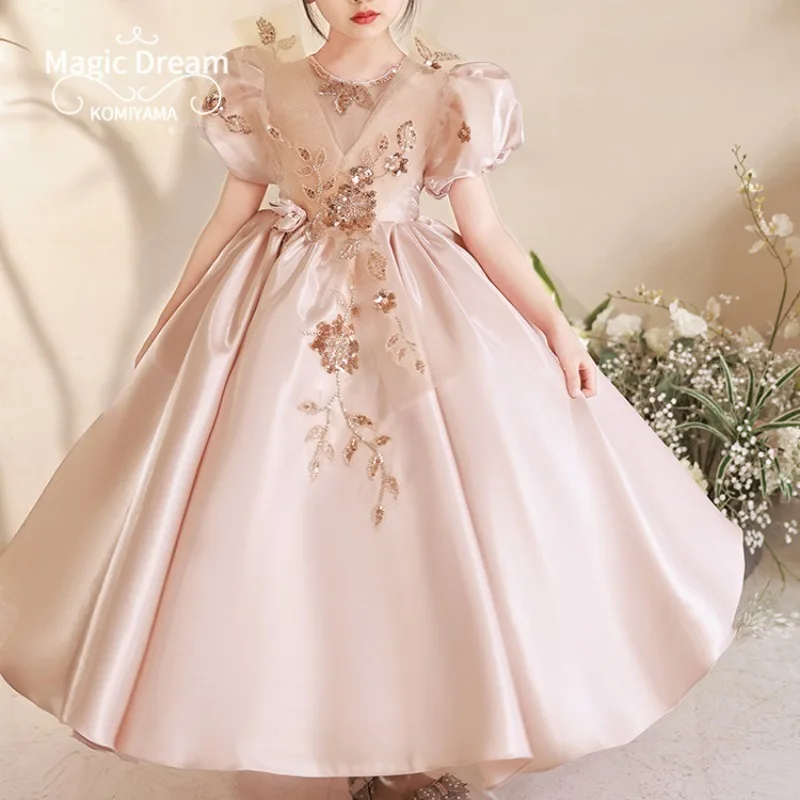 Customized Appliqué O-neck Puff Sleeve Kids Birthday Party Vestidos Slim Waist Pleated Flower Girls Dress Elegant Sweet Princess