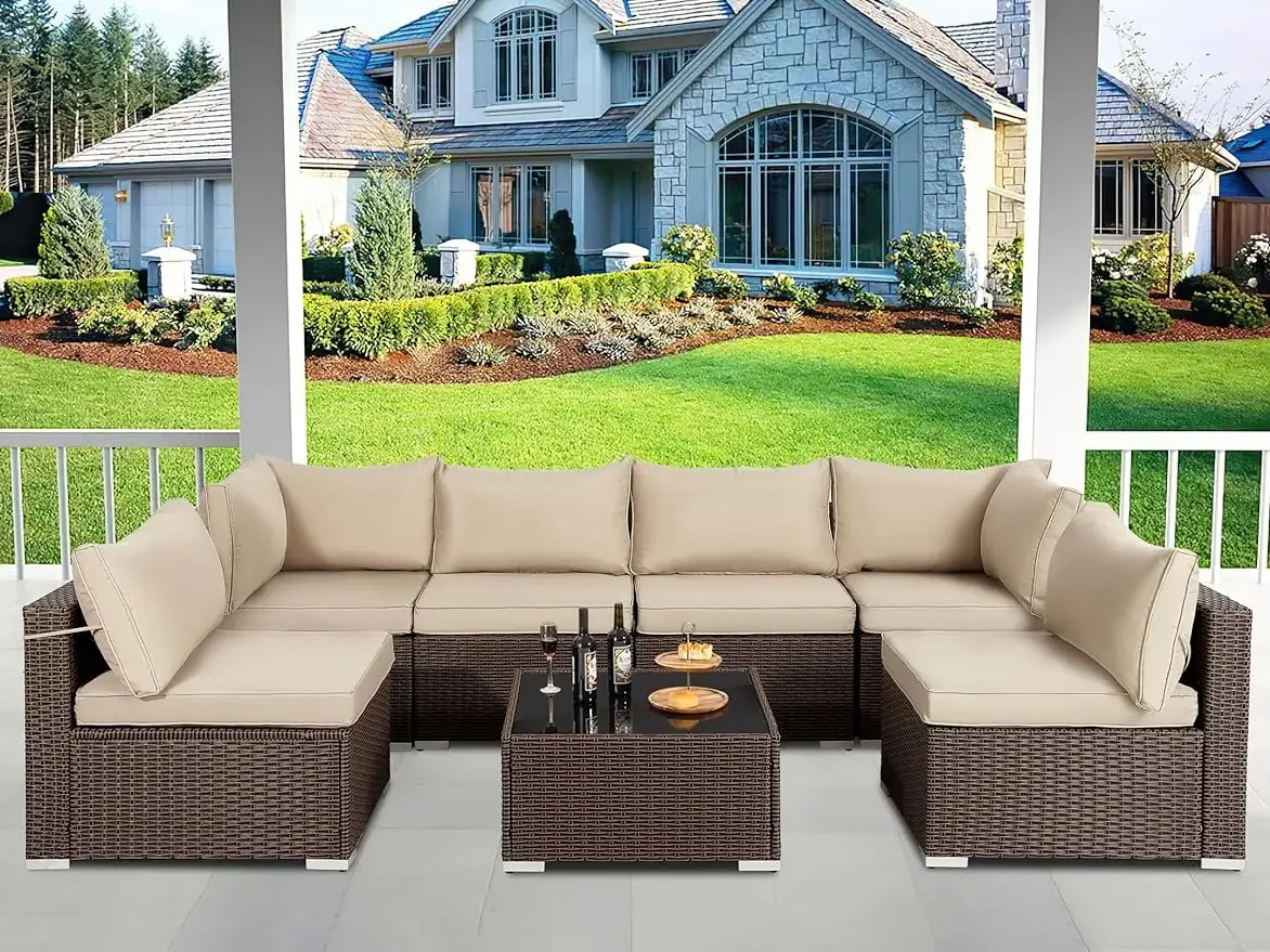 

Outdoor Rattan Furniture Sofa Set, Wicker Patio Conversation Sets with Coffee Table, Outdoor Sectional Couch with Khaki Cushion