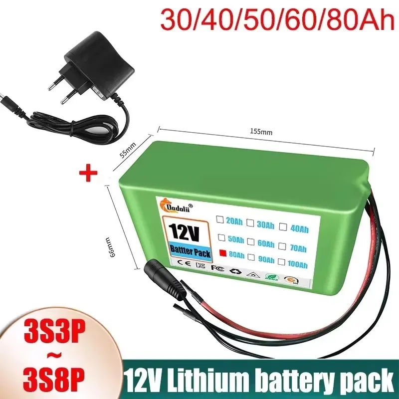 

12V 50000mAh Lithium Battery Pack 18650 Rechargeable Battery With BMS Charger 3S5P For Fishing Bicycle Large Capacity Batteries