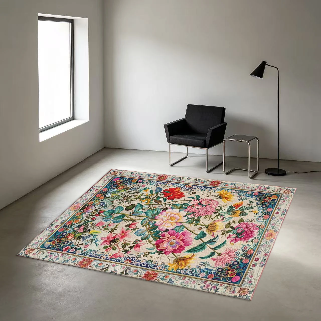 Vibrant Colorful Floral Square Area Rug Retro Botanical Peony Printed Floor Carpet for Living Room Bedroom Home Decor