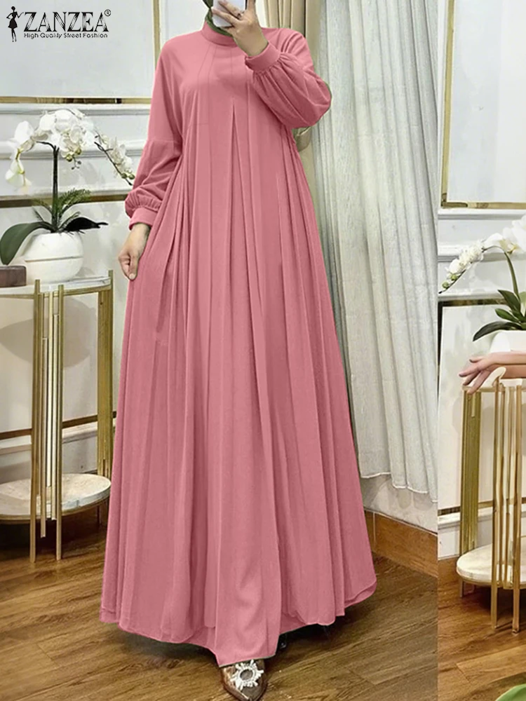 

2025 ZANZEA Elegant Muslim Abaya Dress Eid Mubarek Hijab Dresses Women Long Sleeve Solid Pleated Sundress Maxi Robe Femme Kaftan