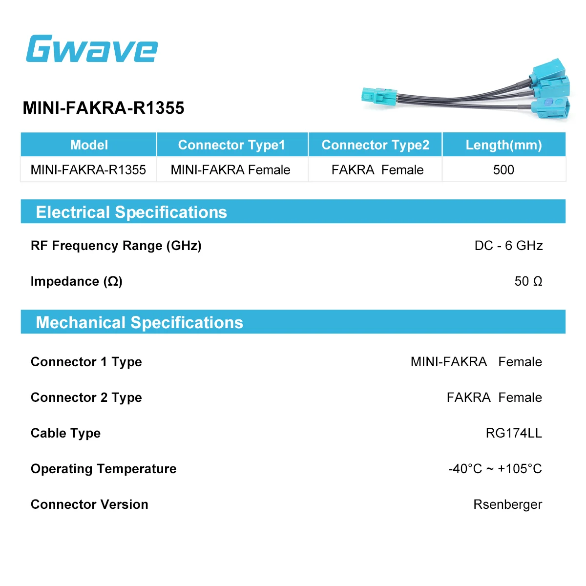 MINI-FAKRA Female To FAKRA Female Cable 50 Ohm RG174LL DC-6GHz 500mm Length (Rsenberger) Gwave