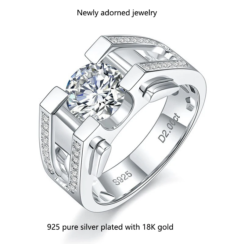 

New S925 sterling silver elegant men's ring, 2 carats, light luxury high-end feel, moissanite diamond jewelry, European and Amer