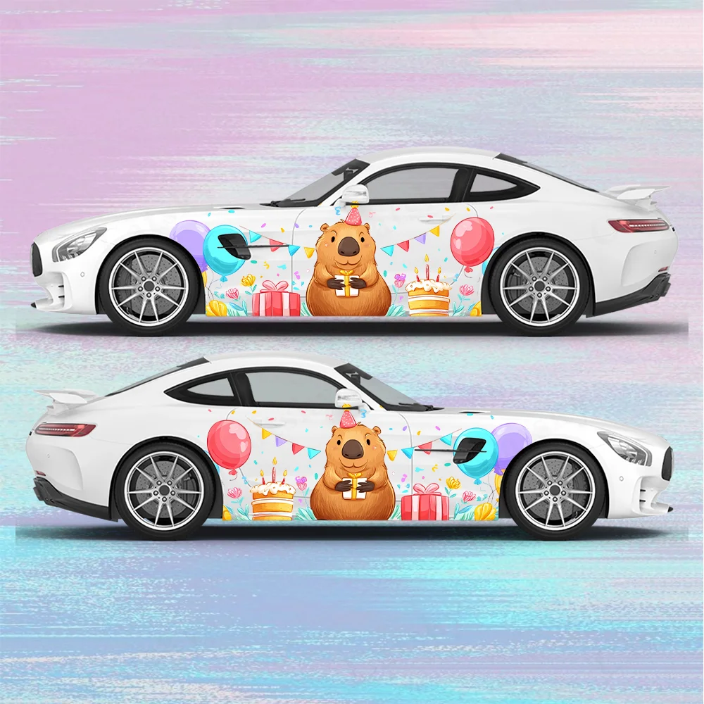 

Cute Capybara with Birthday Hat Car Vinyl Wraps Decal Anti Scratch Sticker Suitable for Trucks SUV Decor Auto Accessories Gift