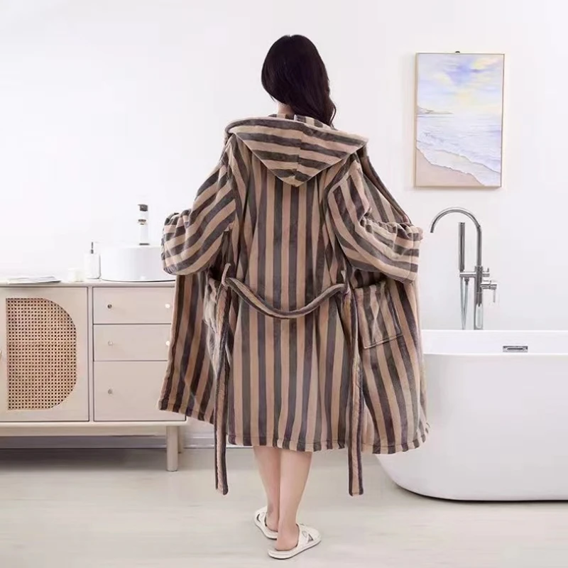 Unisex Retro Striped Long Bathrobe Women Men Casual Robe V Neck Soft Sleepwear Kimono Warm Bath Robes Coat Towel Homewear Gown