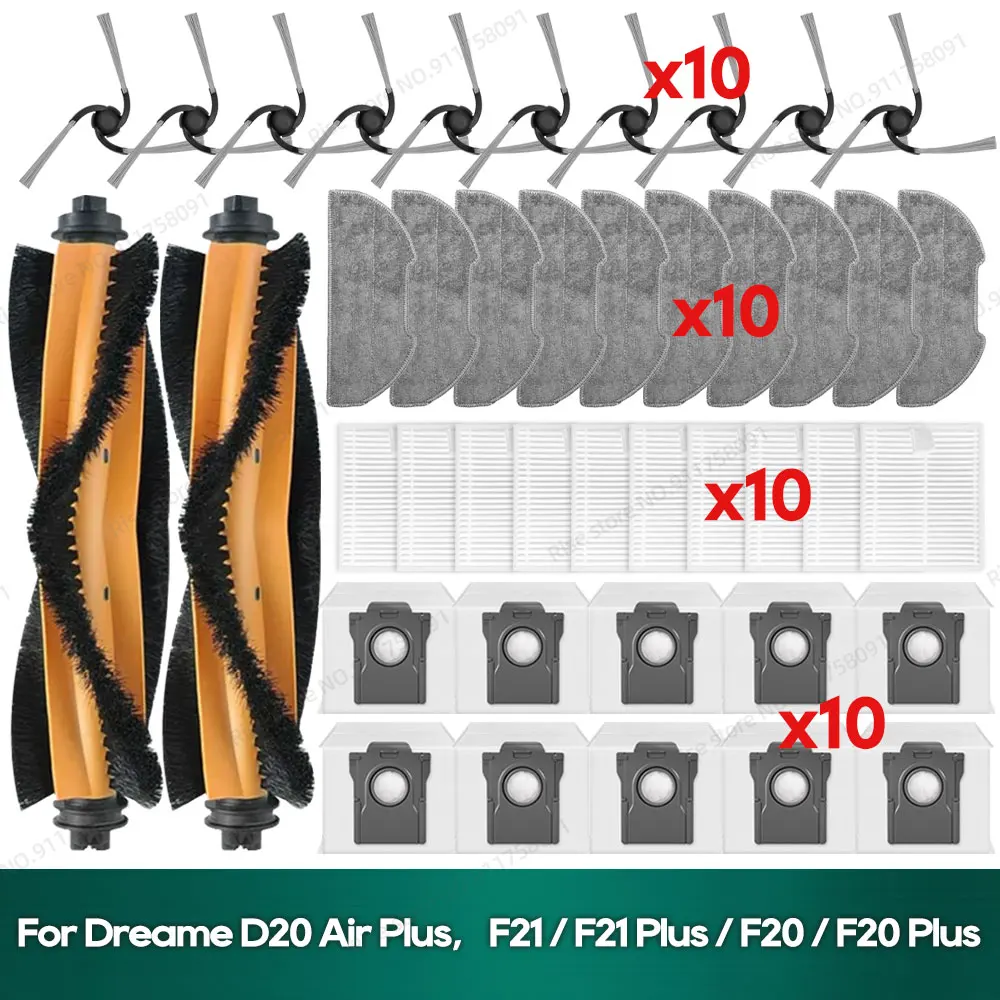Kompatybilne z Dreame D20 Air Plus, F21 / F21 Plus / F20 / F20 Plus Akcesoria Szczotka główna Filtr Worek na kurz Ściereczka do mopa Części zamienne
