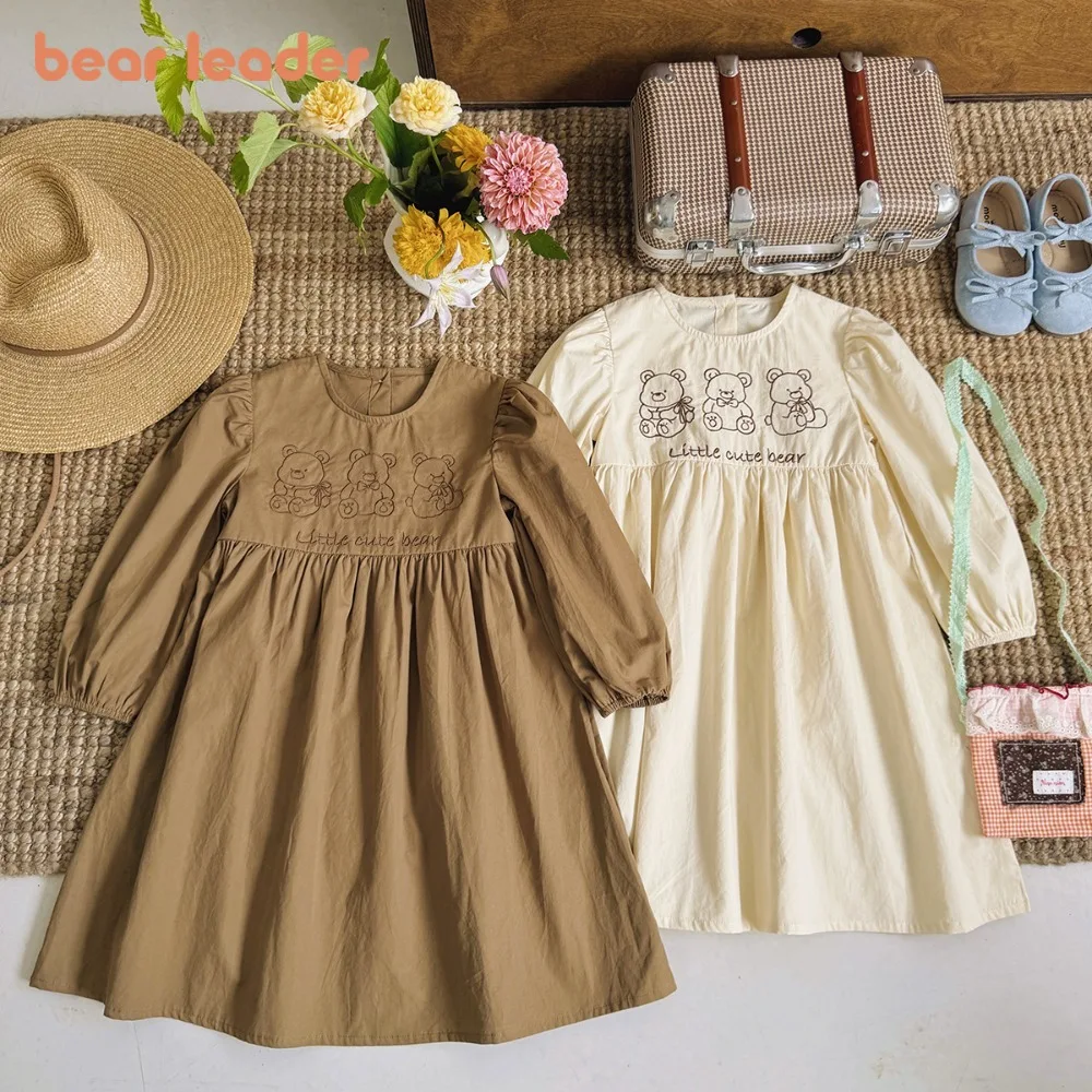 

Bear Leader Autumn New Korean Version Khaki Girls' Casual Dresses Cartoon Bear Print Long Sleeved Plain Children's Dress
