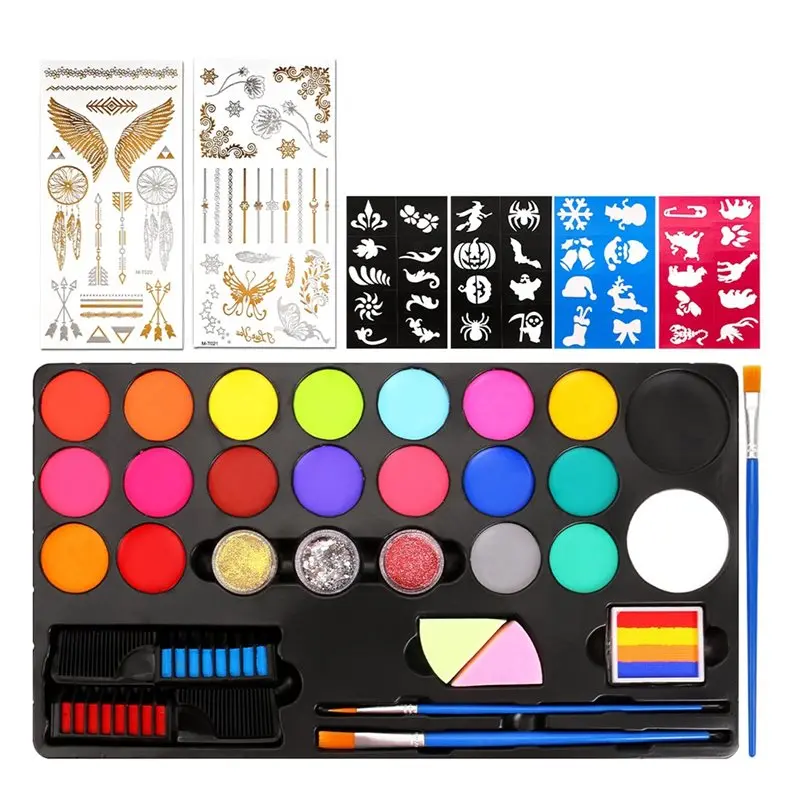 

Набор для рисования на лице премиум-класса для детей с 20 водорастворимыми цветами, 100 трафаретами и дополнительными инструментами - профессиональный уровень