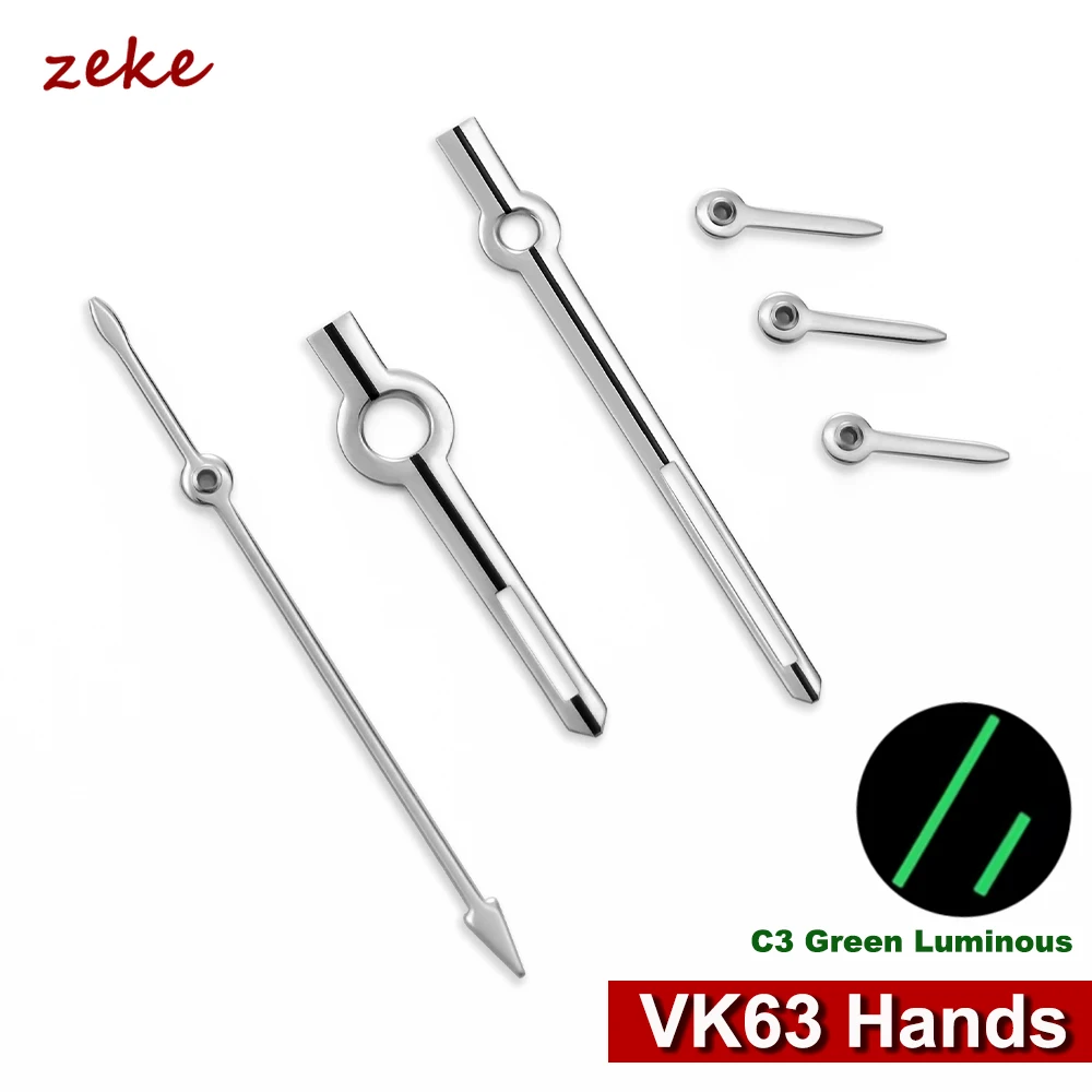 Für VK63 Zeiger C3 Grün Leuchtende Uhren-Zubehörteile, Passend für VK 63 Quarzwerk, Silberne Uhrenteile für Armbanduhren