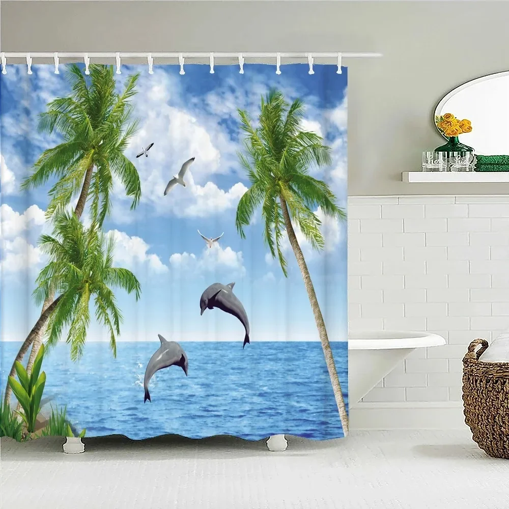 Sunny Beach Seaside Scenery 3D Printing Shower Curtain Large Size Waterproof Polyester Home Decor Curtain with Hooks