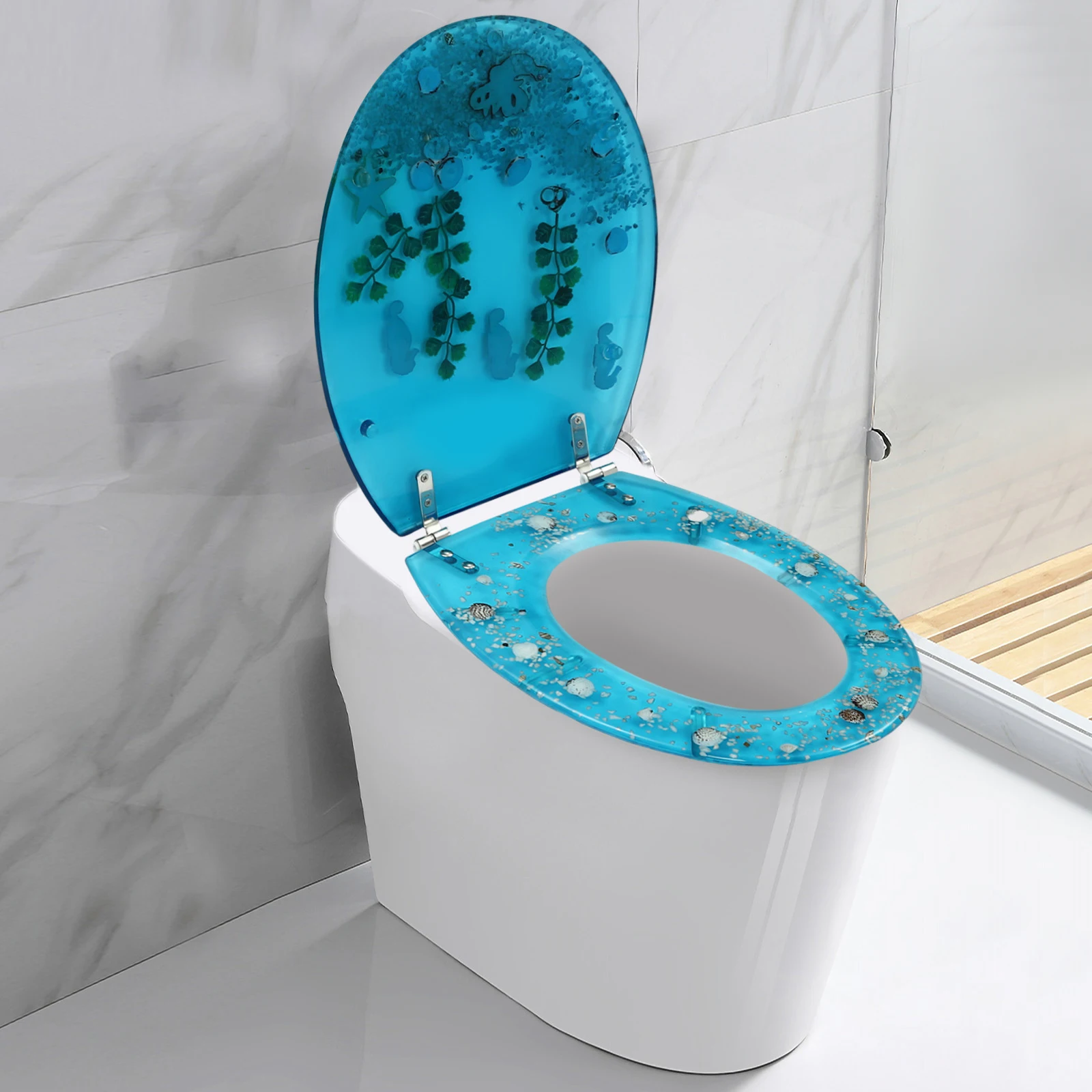 Resin U/V Type Toilet Seat Aquarium Seat Blue Sea Fish Shells Decor Shape Toilet Seat Transparent Bathroom Decoration