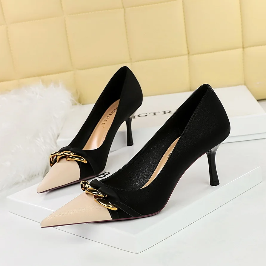 Women's High Heels Shoes Style Banquet With Shallow Mouth Color Blocking Pointed Metal Chain Decoration Fashion Single  Shoese