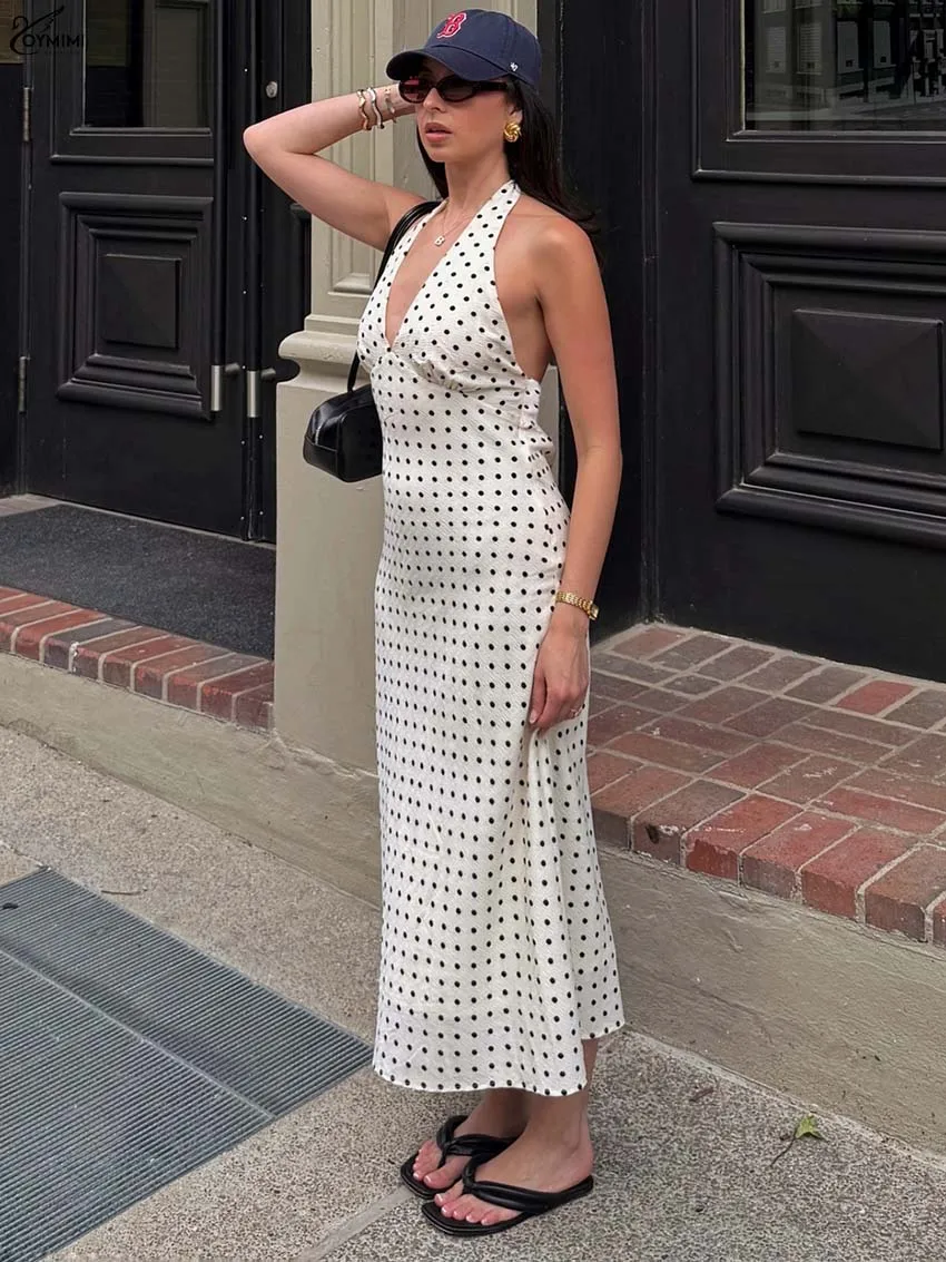 

Oymimi Fashion White Print Womens Dresses Elegant Halter Neck Sleeveless Open Back Dresses Casual Straight Mid-Calf Dress Female