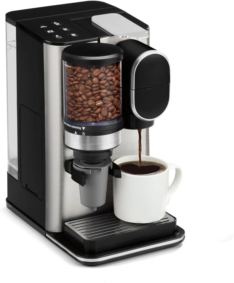 Single Serve Coffee Maker + Coffee Grinder, 48-Ounce Removable Reservoir, 120 volts, Stainless Steel, DGB-2SS