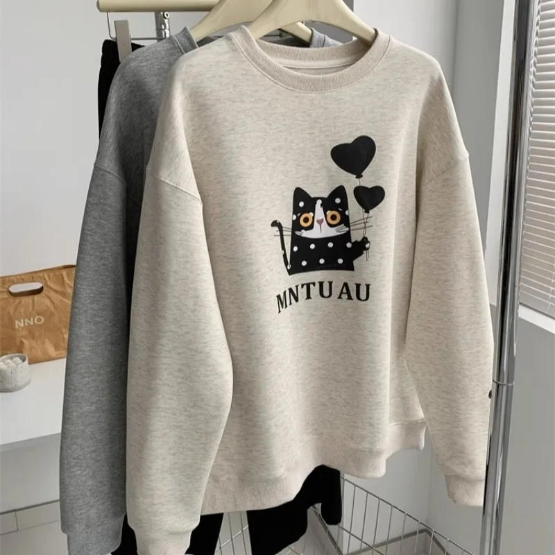 Cute Printed Hoodies for Women No Hat O-neck Ins Simple College Young Girls Spring Autumn Tops Warm Long Sleeve Lovely Ulzzang