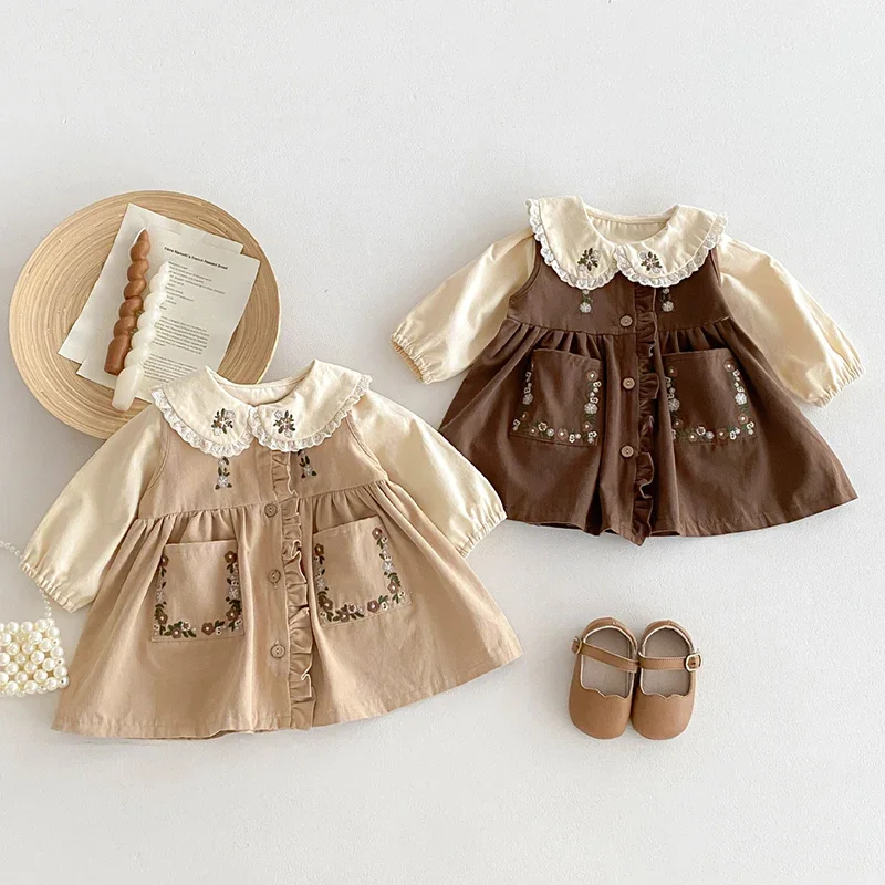 2024 New Autumn Newborn Baby Girls Clothing Set Long Sleeved Cotton Cardigan Shirt+Sleeveless Dress Children Clothes