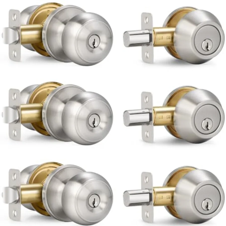 

3 Sets Entry Door Knob and Single Cylinder Deadbolt Combo Set, Keyed Alike Round Ball Exterior Door Knobs with Lock and Keys fo