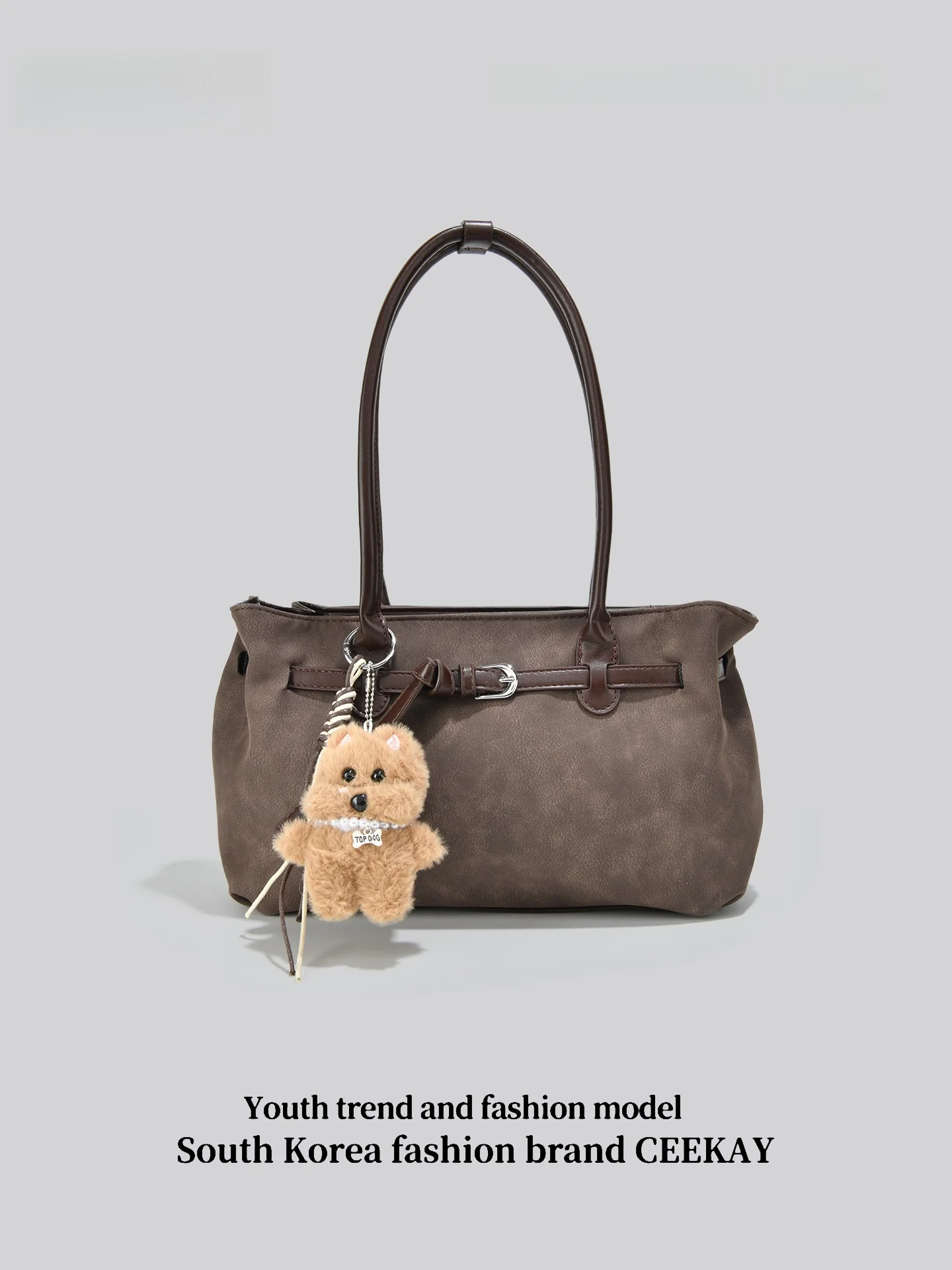 Original Design Women's Suede Tote Bag with Bear Pendant Commuter Handbag Rectangular Shape Zipper Closure Youth Suitable