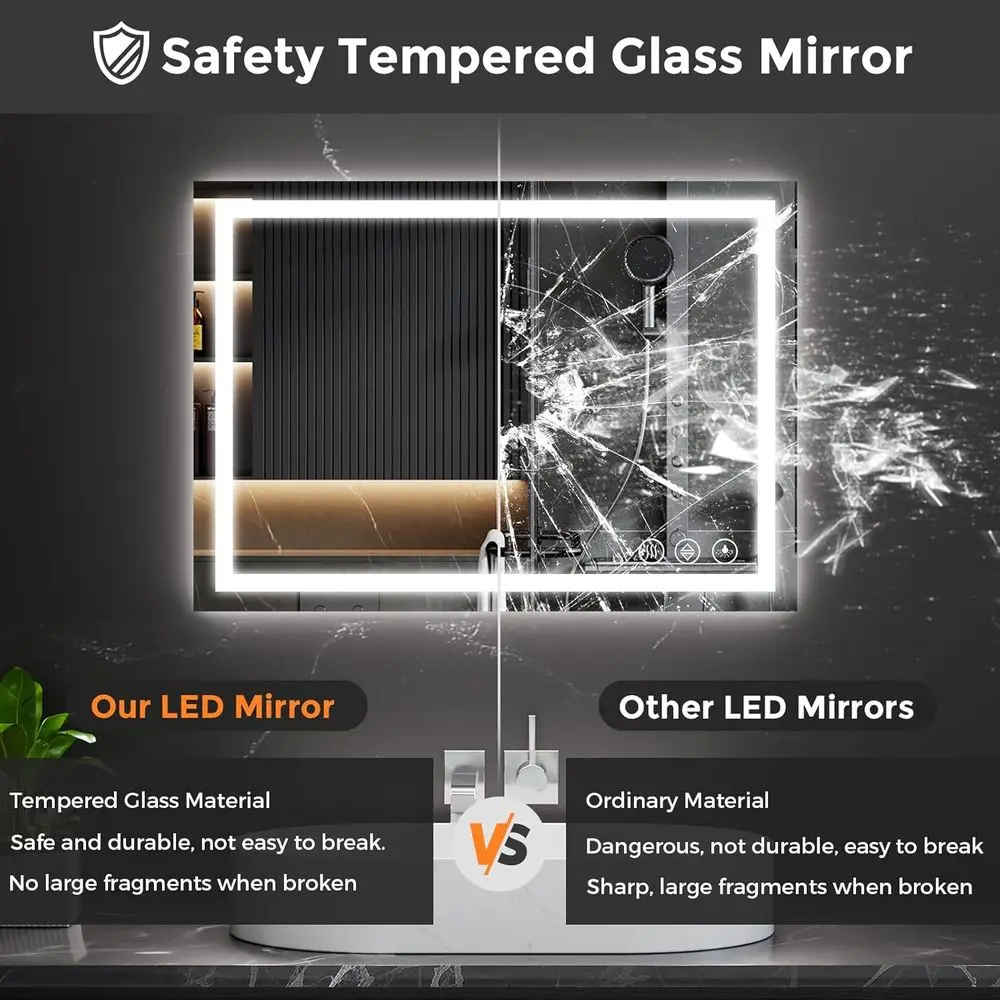 مرآة حمام من الزجاج المقسى المضيء مع أضواء LED بثلاثة ألوان، ومضادة للضباب، وسطوع خافت للضوء، ووظيفة الذاكرة