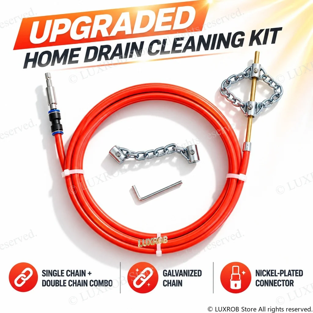 Drain Cleaning Kit 65Mn Spring Steel Drain Snake 8mm Thick Tube Galvanized Chain Drill Driven Pipe Unclogger for 50-75mm Sewer