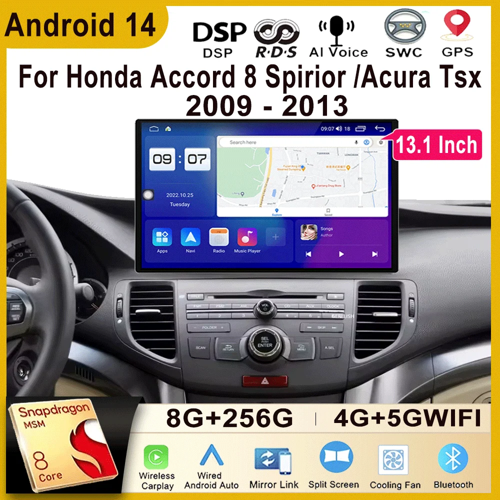 13.1 Inch Touch Screen Android 14 For Honda Accord 8 Spirior /Acura Tsx 2009-2013 Car Radio Multimedia Video Player GPS Navi DSP