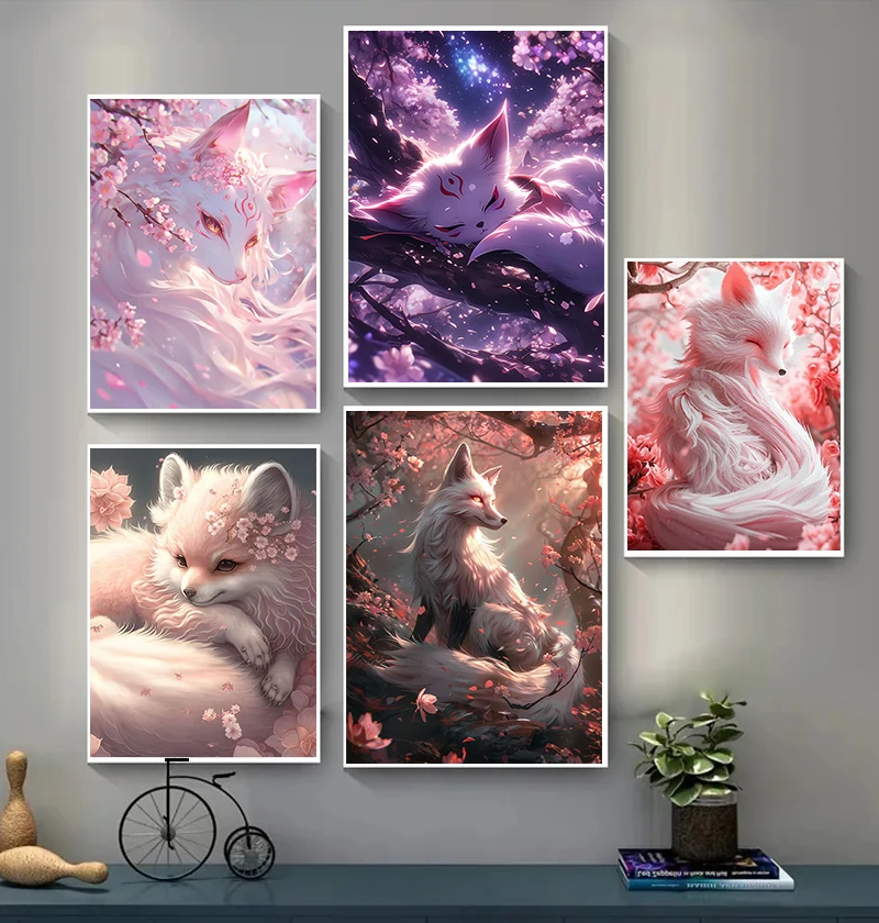 Fantasy Mystical Sakura Nine Tailed Fox Posters Japanese Cute Anime Gentle Prints Canvas Painting Wall Pictures Home Room Decor