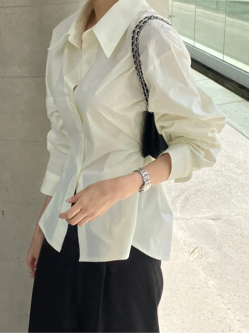 เสื้อเชิ้ตผู้หญิงทรงเข้ารูป แขนยาว คอปกพับได้ ผูกเอว ดีไซน์เก๋ไก๋สำหรับต้นฤดูใบไม้ร่วง ผ้าฝ้าย 00%