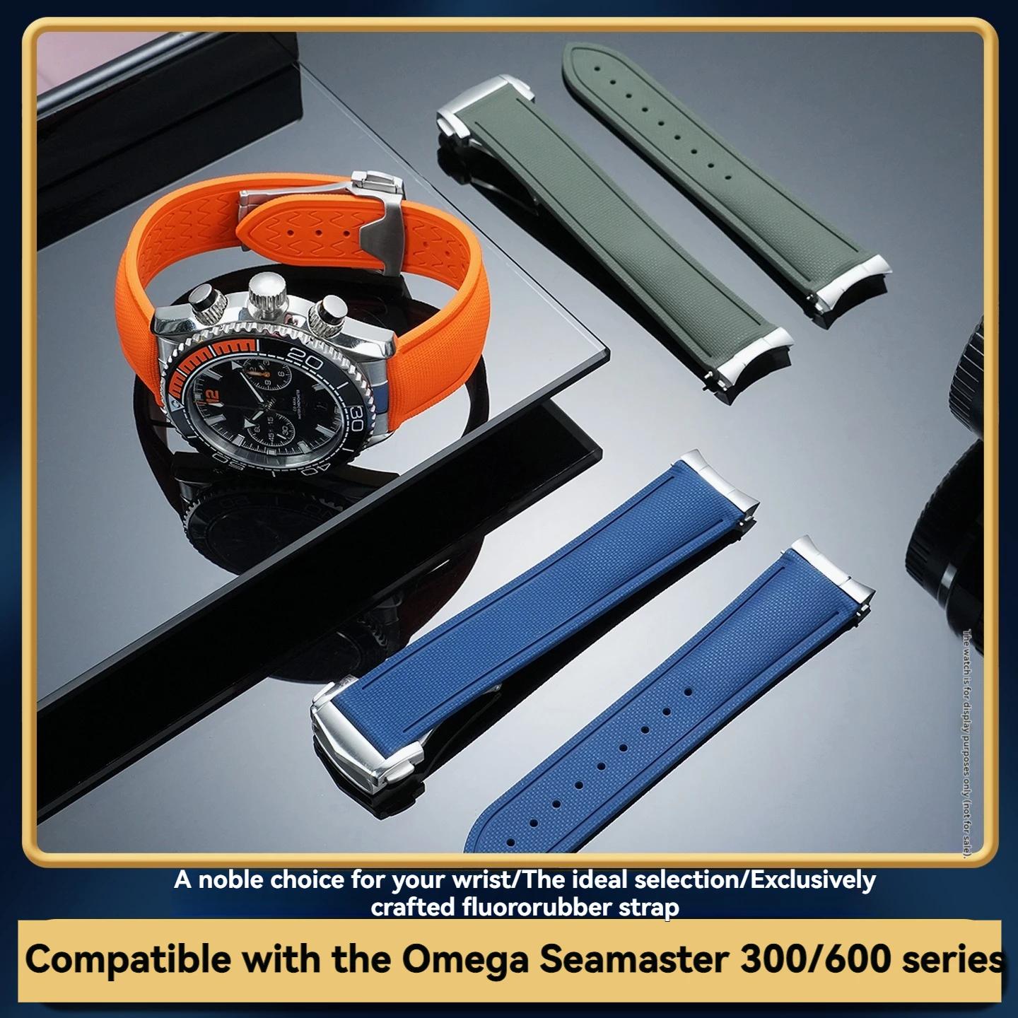 For Omega Seamaster 215 300 600 FKM Rubber Strap with Stainless Steel Curved End Links, 20 21 22mm Replacement Watch Band