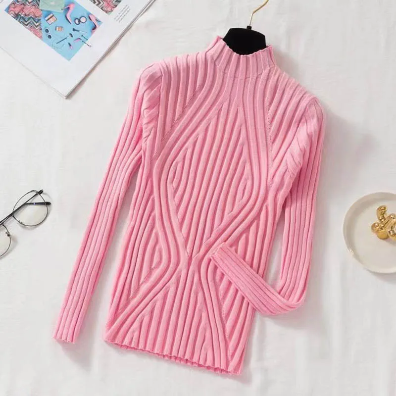 

Women Sweater Pullover 2024 New Autumn Winter Fashion Candy Color Slim Half Turtleneck Knit Sweater Female Bottoming Shirt Tops