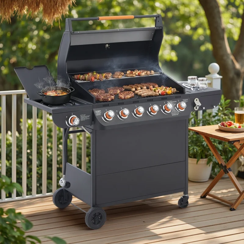 

6-Burner Propane BBQ Grill with Side Burner, 72000 BTU, Stainless Steel, Cast Iron Grates, Side Tables for Outdoor Kitchen Patio Backyard