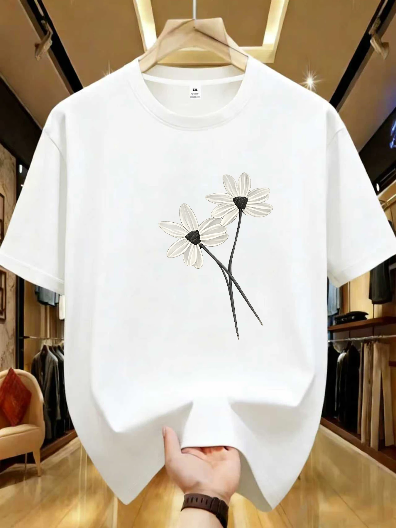 

【WDS0160】Женская футболка больших размеров с принтом белых ромашек, с круглым вырезом, летняя, повседневная, с коротким рукавом, в уличном стиле