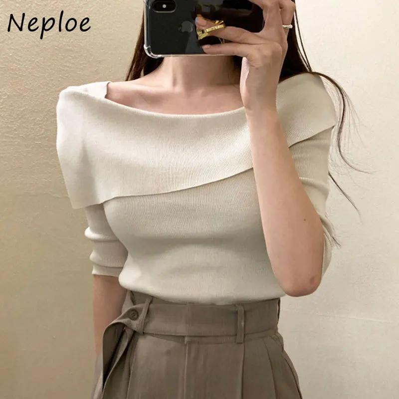 Neploe Korean Simple Wild Tees Femme Slanted Collar Irregular Design Tops Elastic Slim Fit Five-Point Sleeve Knitted T-Shirts