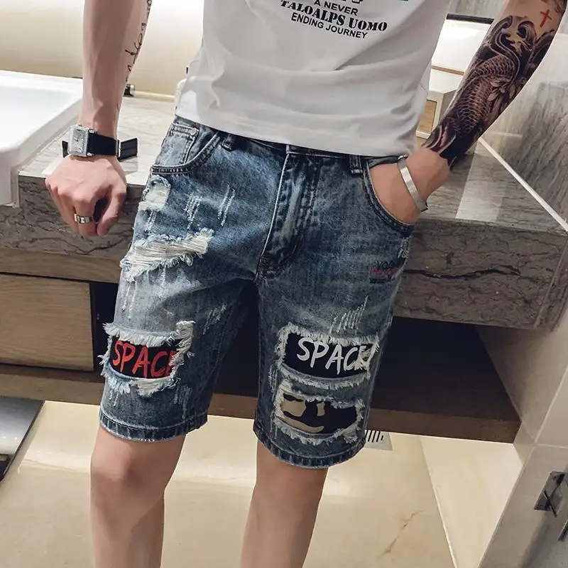 Summer New Denim Shorts Men Vintage Patchwork Hole Pocket Casual Basics Zipper Button Daily Shorts