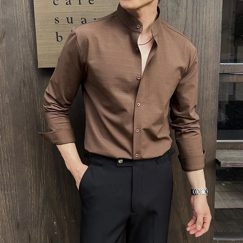 

Chinese Style Standing Collar Long Sleeved Shirts Men High-end Waffle Elasticity Seamless Shirt Casual Business Tuxedo 4XL-M