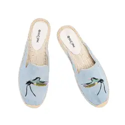 Ciabatte da donna alla moda estiva sandali piatti comodi traspiranti espadrillas Slip-On Denim muli ricamati floreali